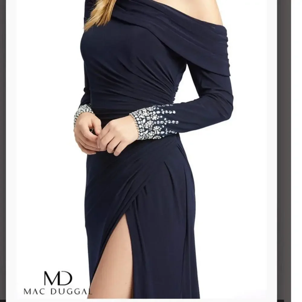 Mac Duggal NEW Size 12 Blue Beaded Cuff Drop Shoulder Faux Wrap Gown 12231 - Picture 4 of 10